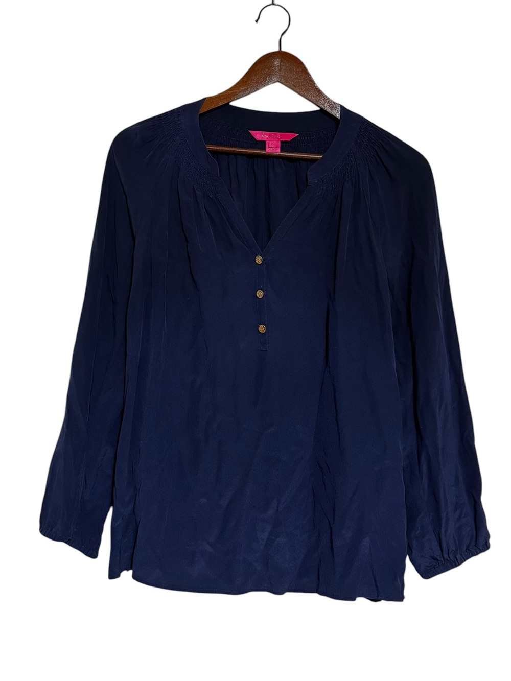 Lilly Pulitzer Elsa Silk Top M Navy Blue 100% Silk Gold Buttons